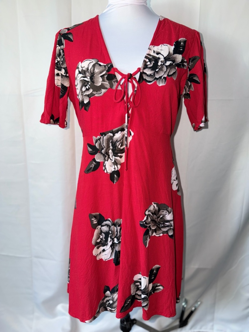 Red Floral Tie-Front Dress